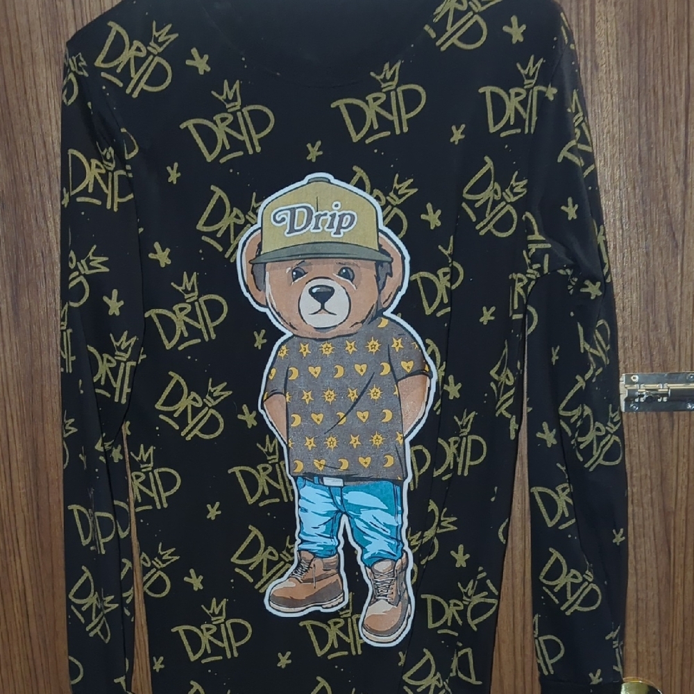 Drip Bear Graphic Long Sleeve Kids Top - Black & Gold